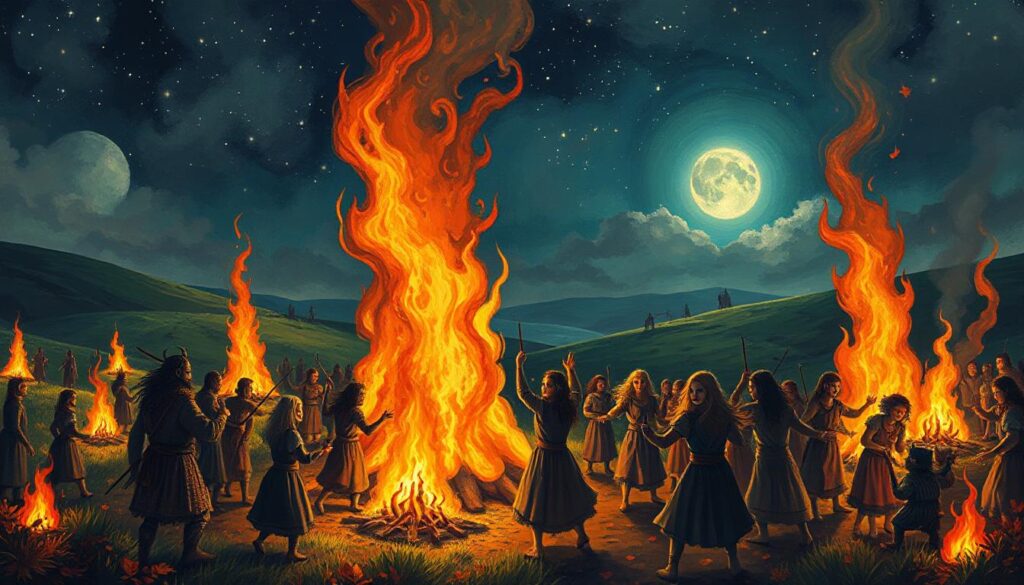 Ancient Celts celebrating Samhain with bonfires in Ireland.