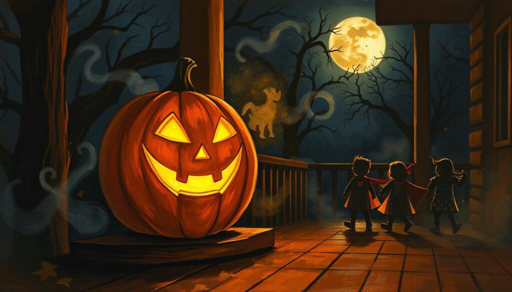 carved pumpkin jack-o’-lantern lighting up Halloween night.