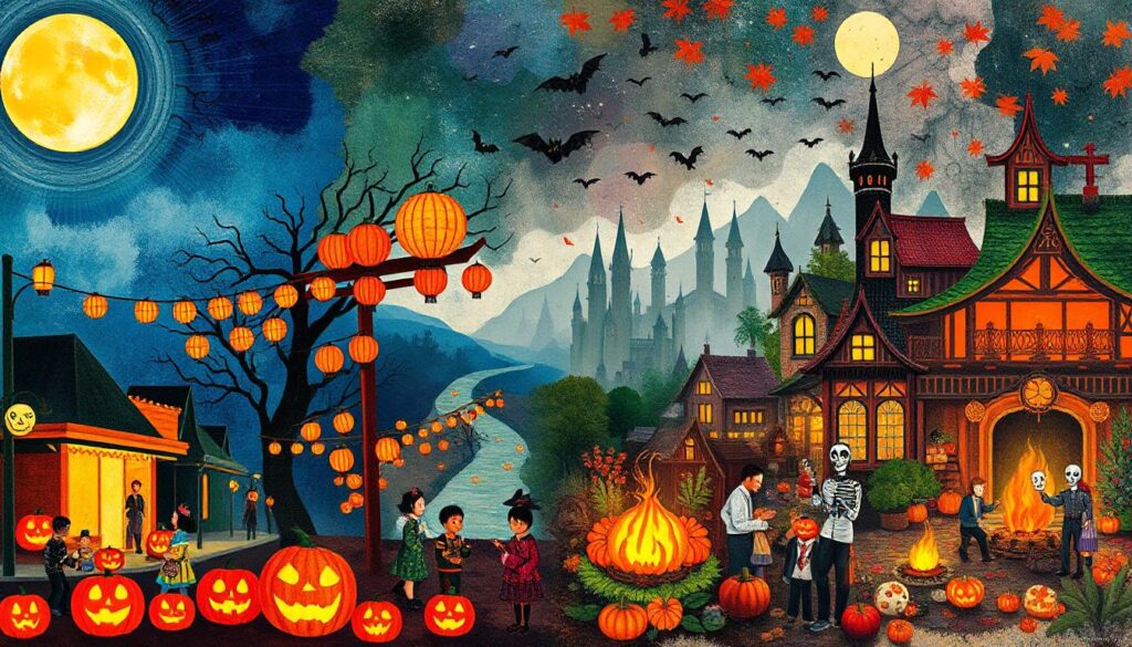 “Halloween celebrations in USA, Japan, Mexico, and Ireland.