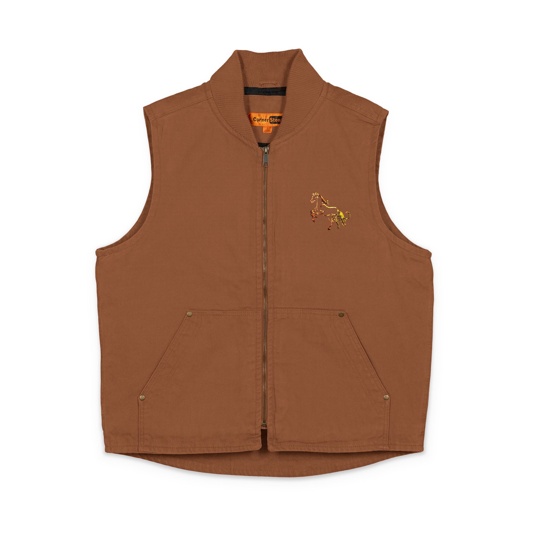 Embroidered Brown Duck Cloth Work Vest — Rustic Durable Utility Vest - Image 2